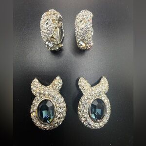 JOAN RIVERS RHINESTONES STATEMENT CLIP EARRINGS SET OF 2 Silver Tone